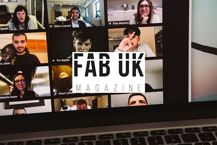 12 meeting participants of mixed gender partake in a meeting on video call software. A 'Fab UK' Magazine logo is superimposed on top.