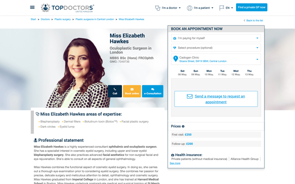 Screenshot of Miss Hawkes' Top Doctors web page
