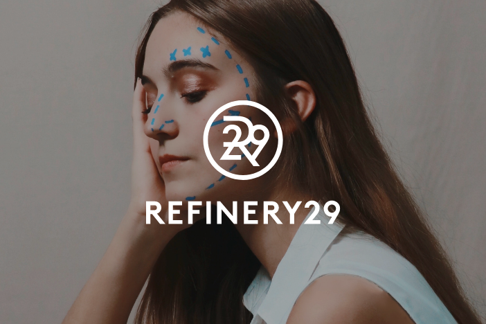 Millennial with plastic surgery markings on face side profile with Refinery 29 logo superimposed