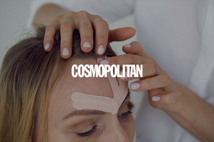 Forehead taping with Cosmopolitan logo superimposed on top.