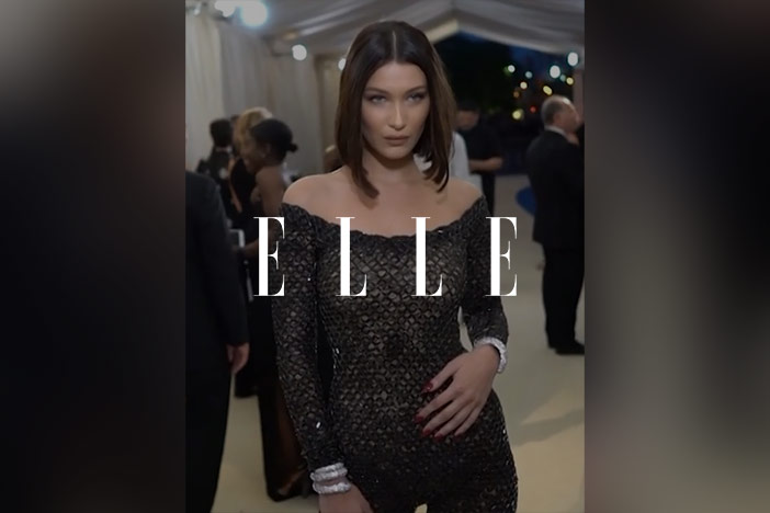 Bella Hadid dressed for an event with the Elle logo superimposed on top