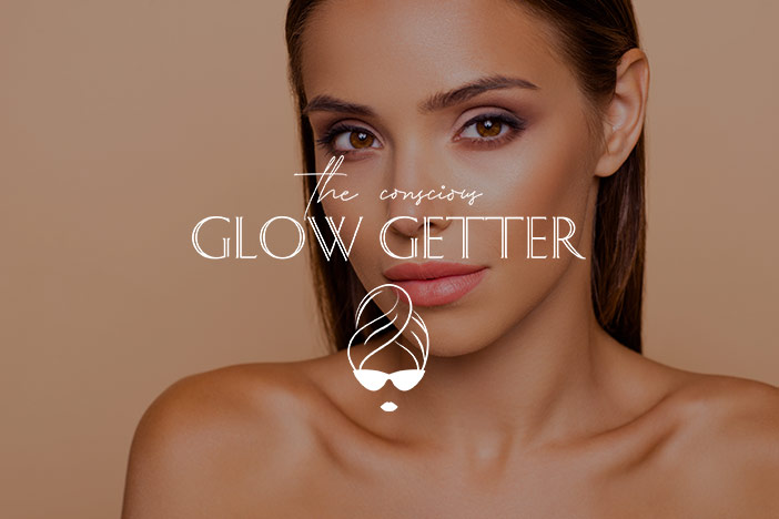 A younger female with glowing skin looks into the camera lens. 'The Conscious Glow Getter' logo is superimposed in top.