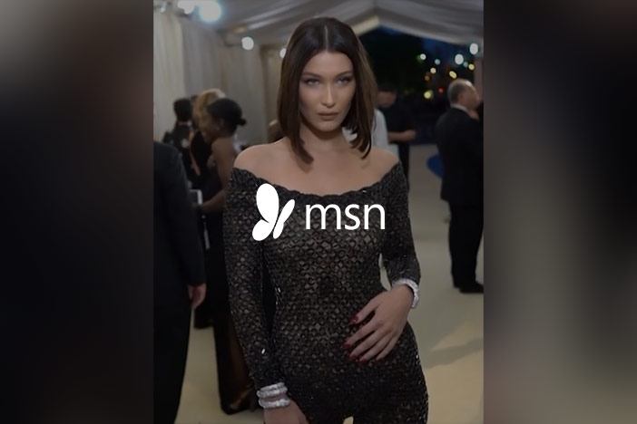 Bella Hadid dressed up for an event. The 'MSN' logo is superimposed on top.