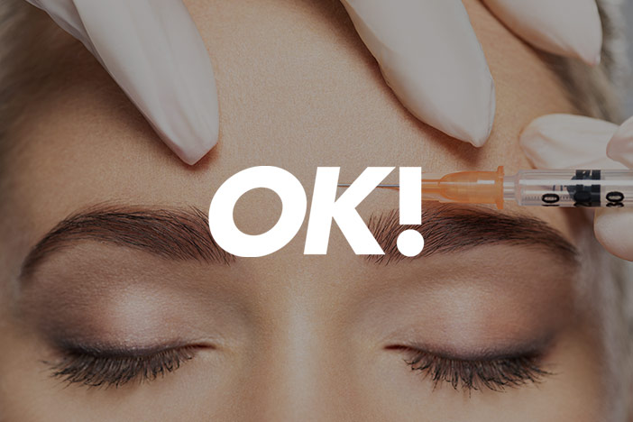 A woman is receiving a Botox injection to the forehead. An 'OK!' logo is superimposed on top.