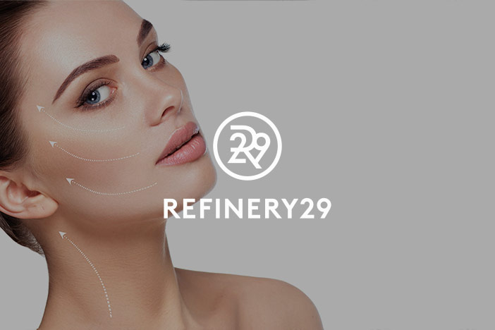Younger woman with clear evidence of facial aesthetic treatments and face lift illustration superimposed on top. The 'Refinery 29' logo is superimposed on top.