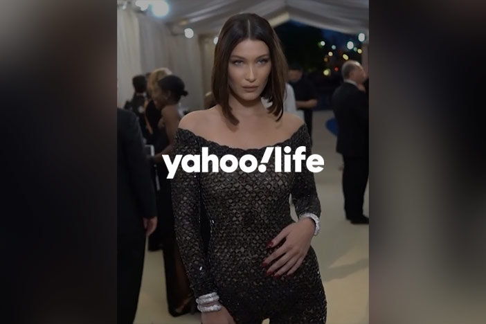 Bella Hadid dressed up for an event. The 'Yahoo! Style' logo is superimposed on top.