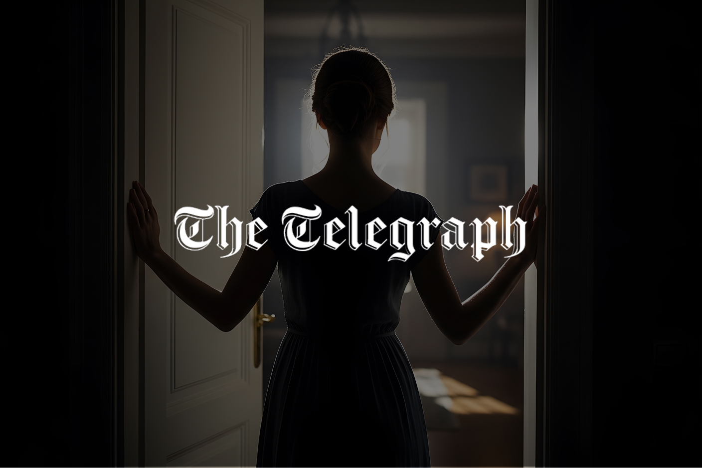 Silhouette of a woman seen from behind in a darkened doorway, hands resting on the door frame as she looks into a dimly lit room, with The Telegraph logo overlaid