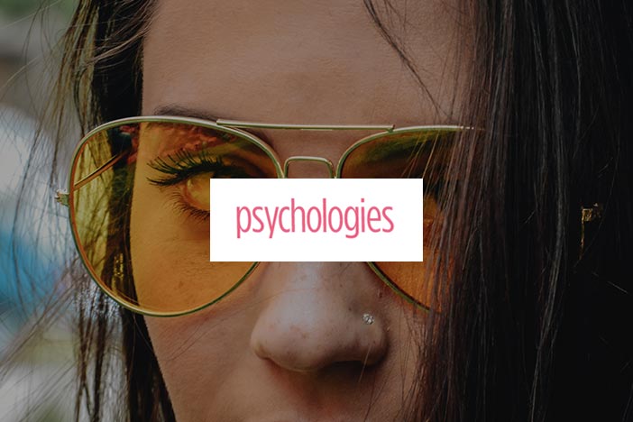 Younger woman wearin sunglasses profile with Psychologies magazine logo superimposed on top.